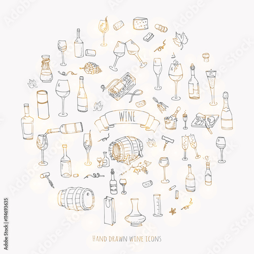 Hand drawn wine set icons Vector illustration Sketchy wine tasting elements collection Wine objects Cartoon wine symbols Vineyard background Vector wine background Winery illustration Grape Wine glass