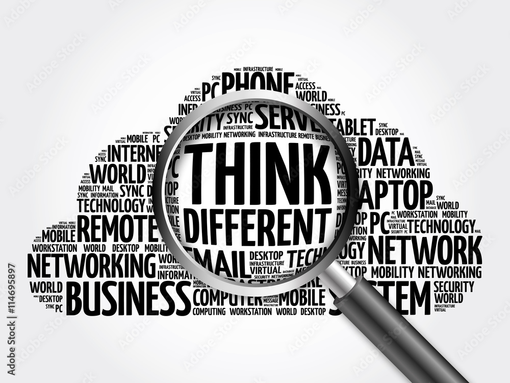 Think Different word cloud with magnifying glass, business concept
