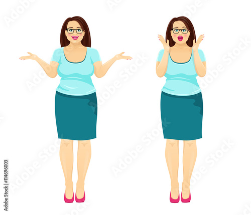 Attractive plump brunette woman with glasses and open mouth in two emotions: surprise and happy smile. Vector cartoon character isolated on white background.