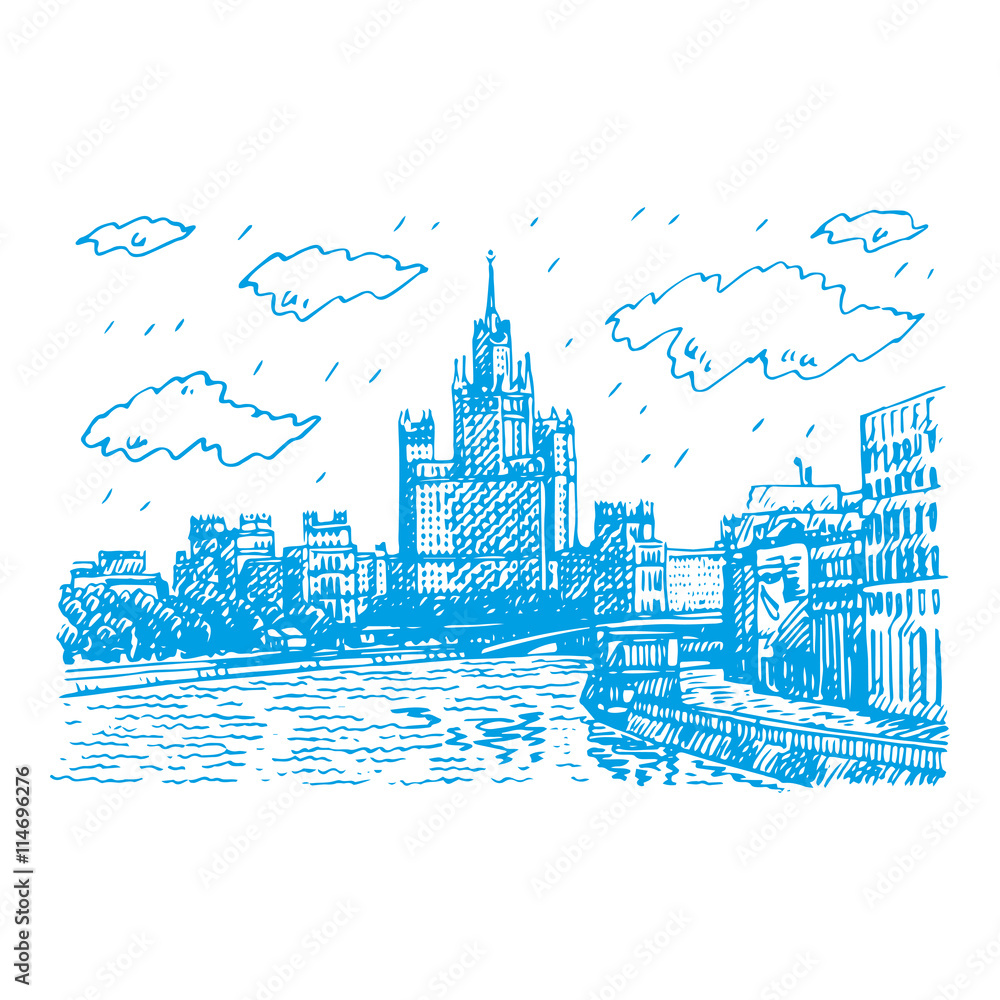 Obraz Moscow cityscape. View of Moskvoretskaya Embankment of Moskva River, Raushskaya quay, Bolshoy Ustinsky Bridge and Kotelnicheskaya Embankment High-Rise Building. Sketch by hand. Vector illustration