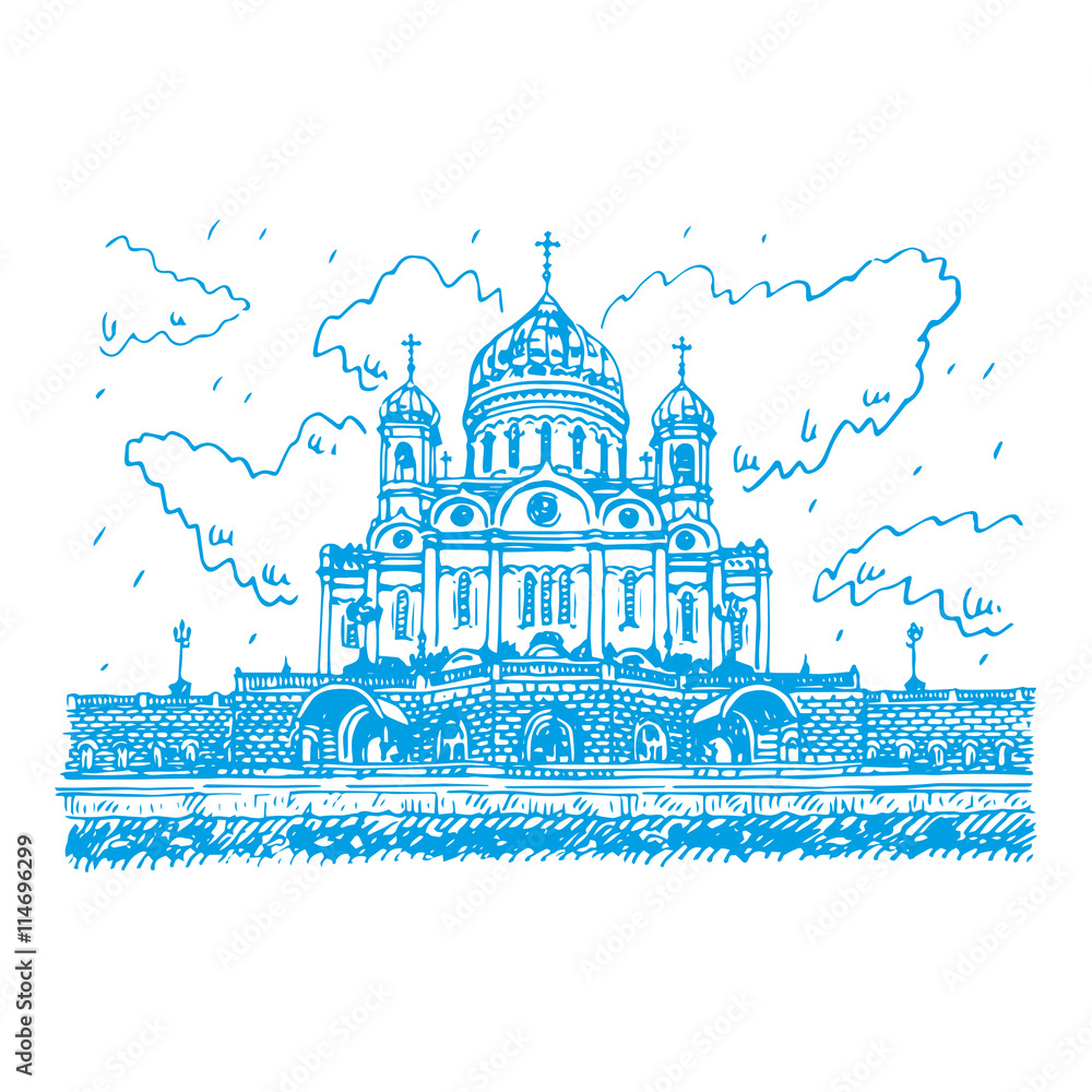 Cathedral of Christ the Saviour in Moscow, Russia. Sketch by hand. Vector illustration