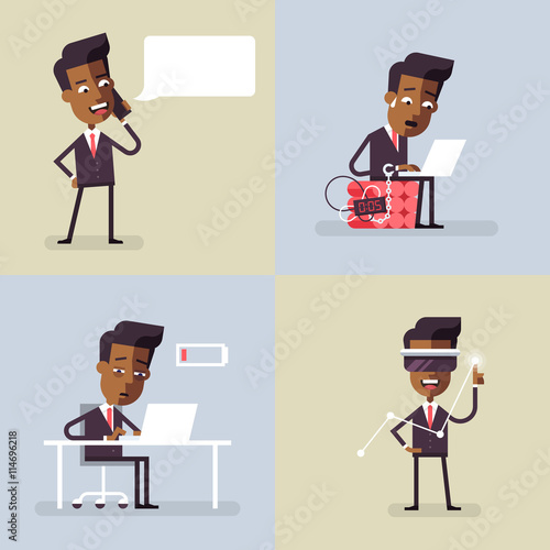 Set of business illustrations with black men in formal suits. Office situations. Vector illustration in flat design.