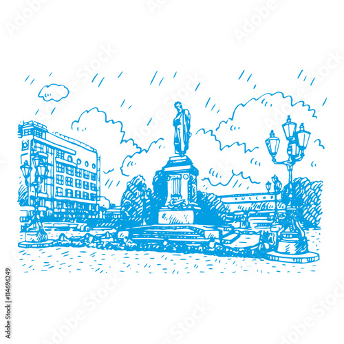 Monument to the Russian poet Pushkin in Moscow Pushkin Square. Sketch by hand. Vector illustration