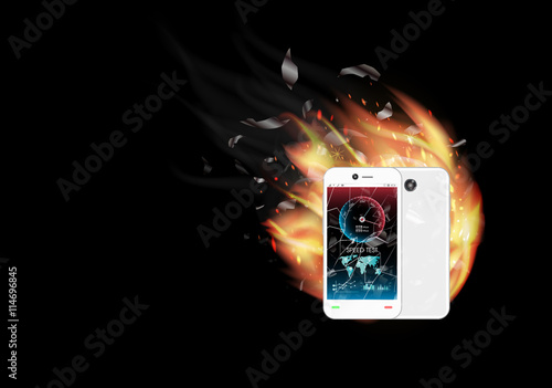 broken glass screen smartphone with speed test interface and burning fire