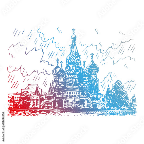 St. Basil Cathedral on Red Square in Moscow, Russia. Sketch by hand. Vector illustration. Engraving style