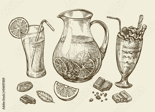 Drinks. Hand drawn cocktail, smoothie, pitcher of lemonade, milkshakes, fruit juice, chocolate, dessert, beverage. Sketch vector illustration