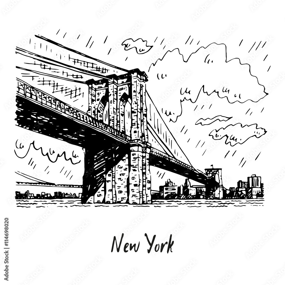 Brooklyn bridge in New York, USA. Sketch by hand. Vector illustration. Engraving style