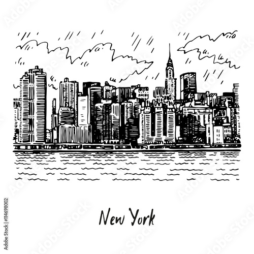 Panoramic view of Manhattan, New York, USA. Sketch by hand. Vector illustration. Engraving style