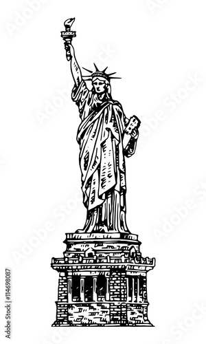 The Statue of Liberty in New York, USA. Sketch by hand. Vector isolated illustration. Engraving style