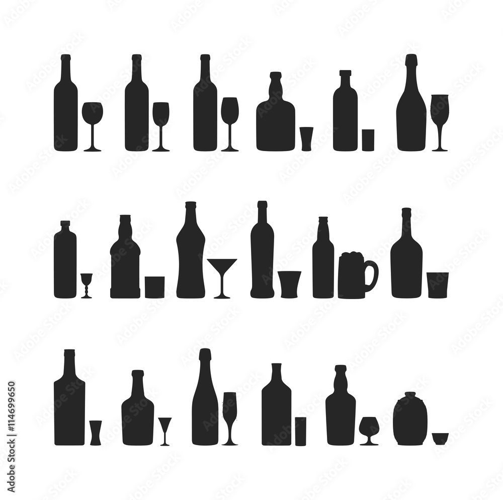 Alcohol drinks beverages and cocktail whiskey drink bottle lager refreshment container. Alcohol menu drunk concept. Set of different alcohol drink bottle and glasses vector illustration. Alcohol drinks beverages and cocktail whiskey drink bottle lager refreshment container. Alcohol menu drunk concept. Set of different alcohol drink bottle and glasses vector illustration.