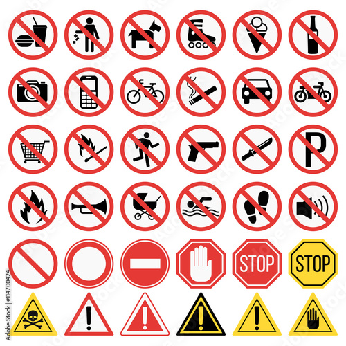 Prohibition signs set vector illustration. Warning danger symbol prohibiting signs. Forbidden safety information prohibiting signs. Protection signs no pet warning information sign.