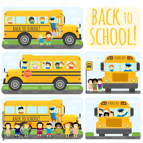 Illustration of school kids riding yelliw schoolbus transportation education. Student child isolated school bus safety stop drive vector. Travel automobile school bus public trip childhood truck.