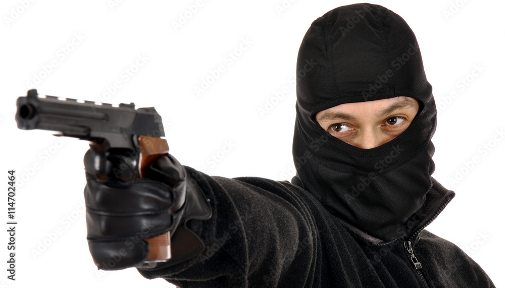 Dieb, Einbrecher, Räuber oder Krimineller mit Pistole als Waffe oder Schusswaffe Dieb, Einbrecher, Räuber oder Krimineller mit Pistole als Waffe oder Schusswaffe