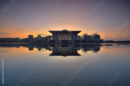 Sunrise view at Masjid Tuanku Mizan Zainal Abidin, Putrajaya, Malaysia with reflection