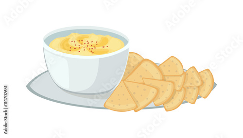 Hummus jewish food, appetizer mashed chickpeas with tahini. Jewish food traditional meal cuisine parsley matzah. Vector jewish food vegetarian delicious lunch soup. Holiday homemade matzo.