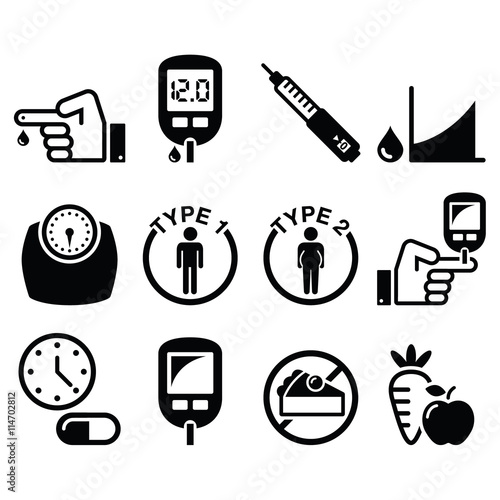 Diabetes disease, health icons set 