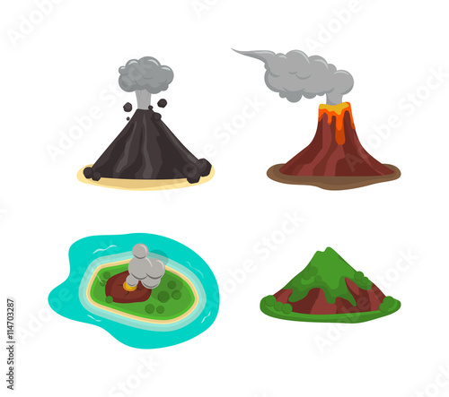 Volcano magma nature blowing up with lava flowing down vector set. Crater mountain volcano hot natural eruption nature. Volcano erupt ash fire hill landscape outdoor geology exploding ash.