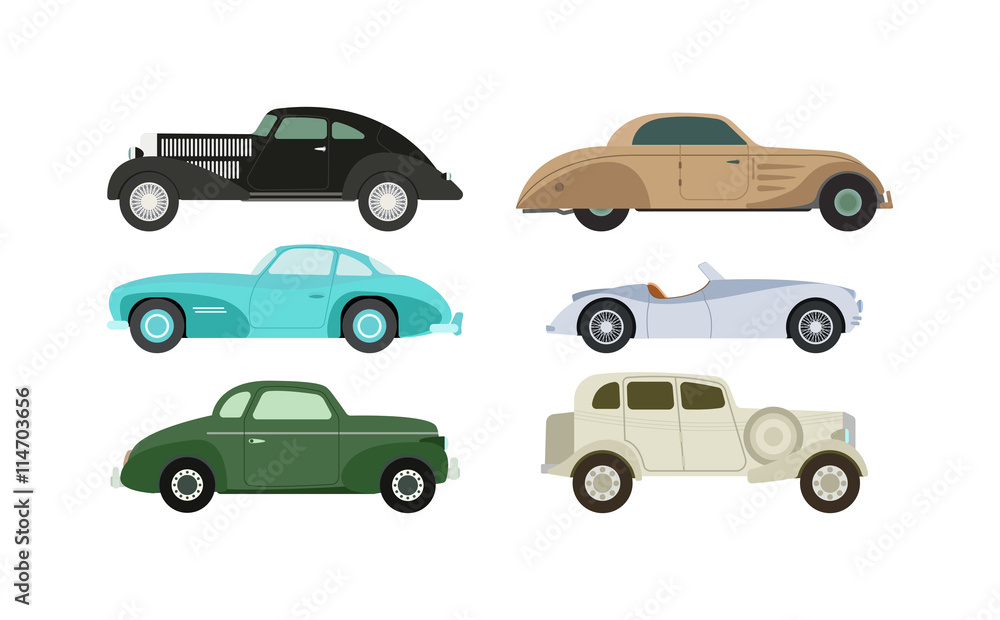 Retro cars icons vintage vector. Classic transportation auto vehicle retro car. Retro car nostalgia automobile old design. Graphic emblem race engine machine shop antique wheels set.