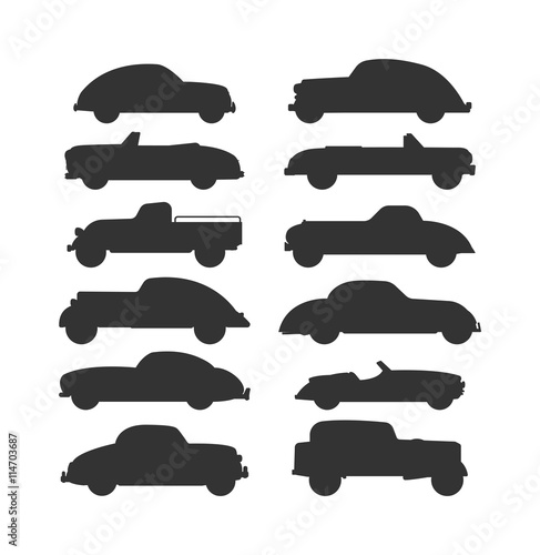 Retro cars icons vintage vector. Classic transportation auto vehicle retro car. Retro car nostalgia automobile old design. Graphic emblem race engine machine shop antique wheels set.