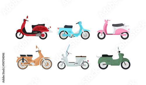 Set of vector vintage scooters retro motorbike. Retro motorbike motor transport old travel bike. Design engine retro motorbike black road urban drive scooter. Stylish hipster beautiful auto.