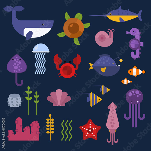 Vector set of cute sea animals creatures characters. Cartoon ocean underwater crab sea animals. Cute aquarium life water collection isolated turtle graphic aquatic tropical sea animals.