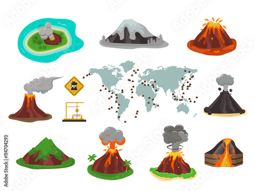 Volcano magma nature blowing up with lava flowing down vector set. Crater mountain volcano hot natural eruption nature. Volcano erupt ash fire hill landscape outdoor geology exploding ash.
