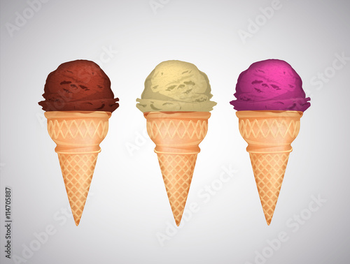 Chocolate, vanilla and strawberry Ice cream in the cone on white
