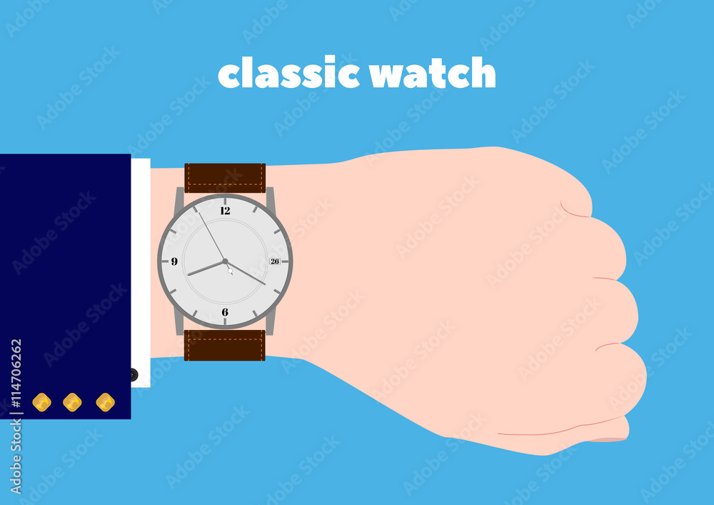 Hand and classic watches. Businessman's hand. Flat design. Hand and classic watches. Businessman's hand. Flat design.