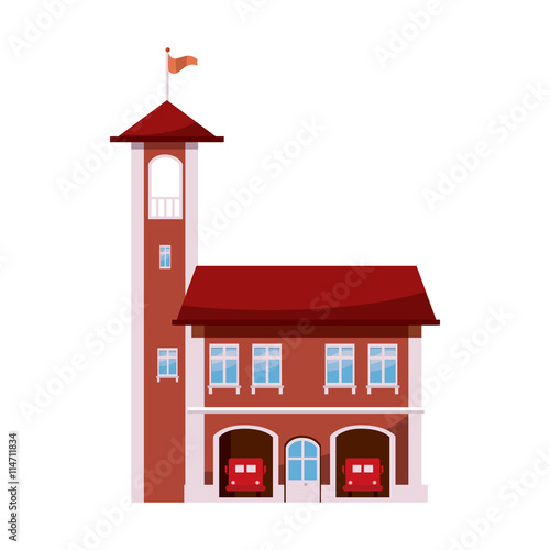 Fire station with tower icon, cartoon style