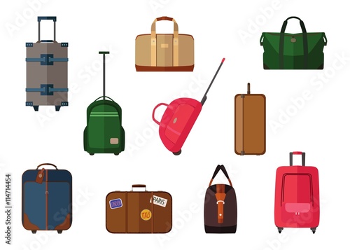 Different types of baggage carry-on luggage, bags, suitcases isolated. Set of vector travel baggage icons, eps 10 format.