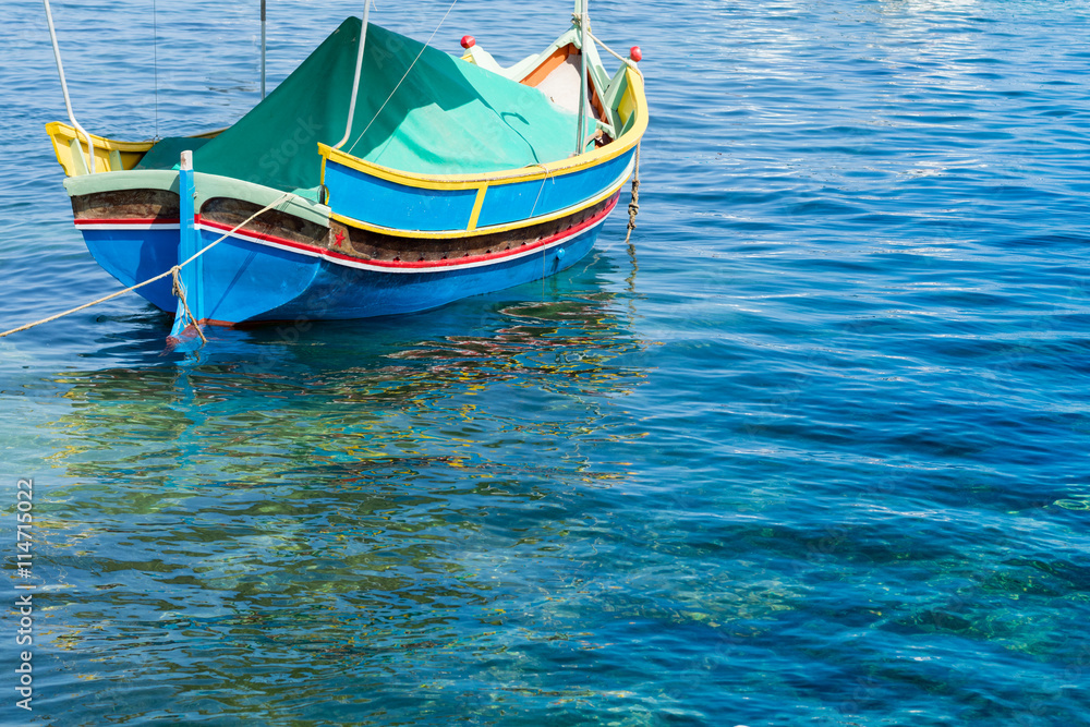 Traditional Maltese fishing boat, St Thomas Bay, Marsascala, Mal