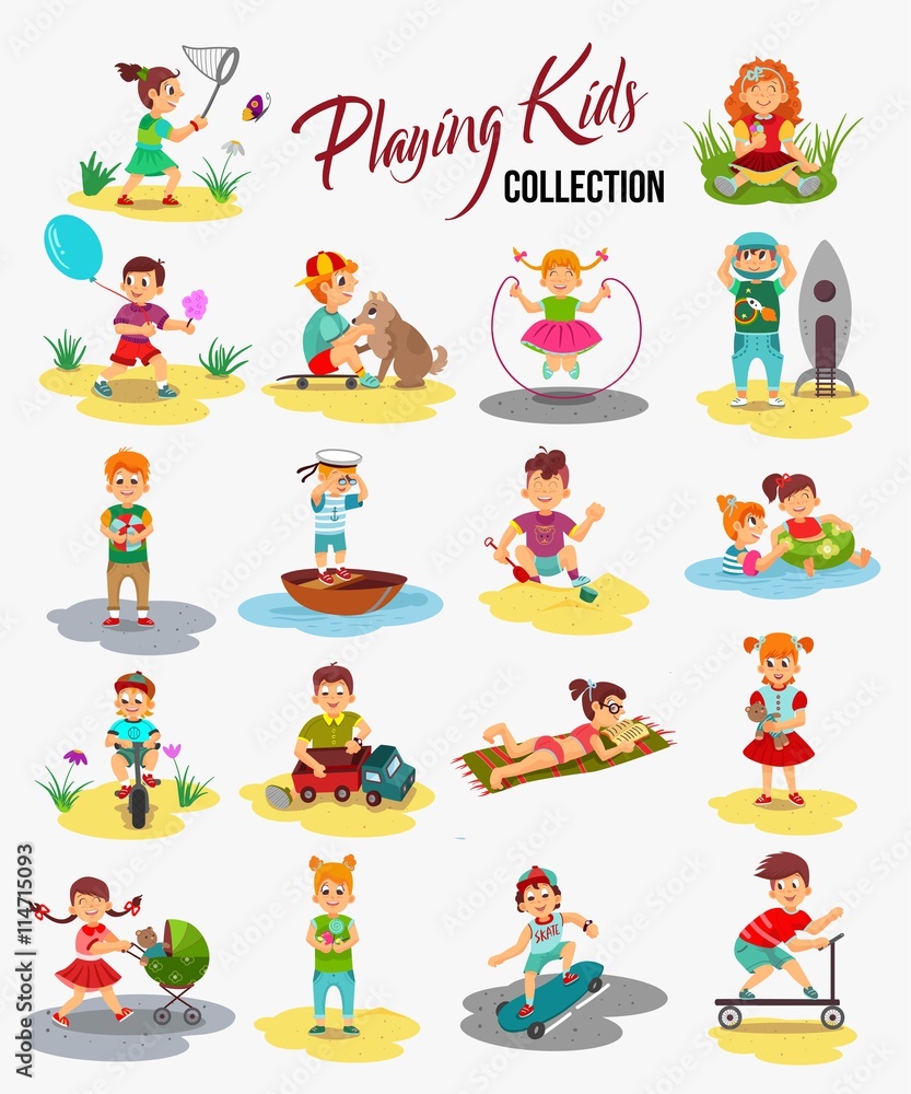 Vector children playing isolated. Cartoon kids, boy rides a bicycle, holding a balloon and play with the ball. Girl catches a butterfly, eating ice cream and playing with teddy bear.