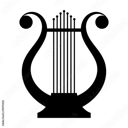 Black image of an ancient lyre musical instrument on a white bac photo