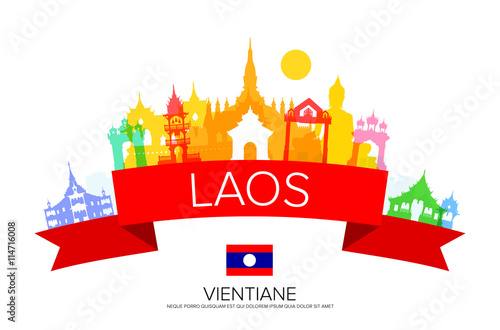 laos Travel Landmarks and flag.
