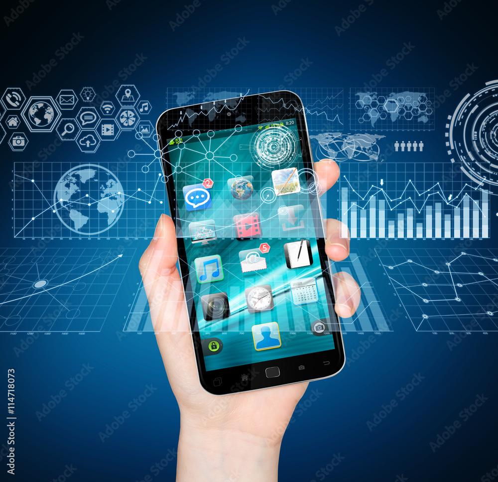 Businesswoman using digital mobile phone charts interface Businesswoman using digital mobile phone charts interface