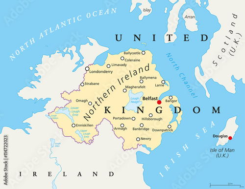 Northern Ireland political map with capital Belfast, national border and cities. Northern Ireland is part of the United Kingdom in the northeast of the island of Ireland. English labeling and scaling