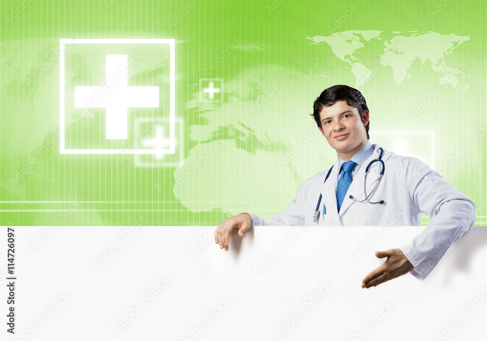 Doctor with banner Doctor with banner