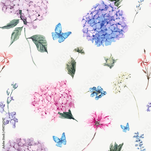 Floral seamless pattern with Blooming Hydrangea and garden flowe