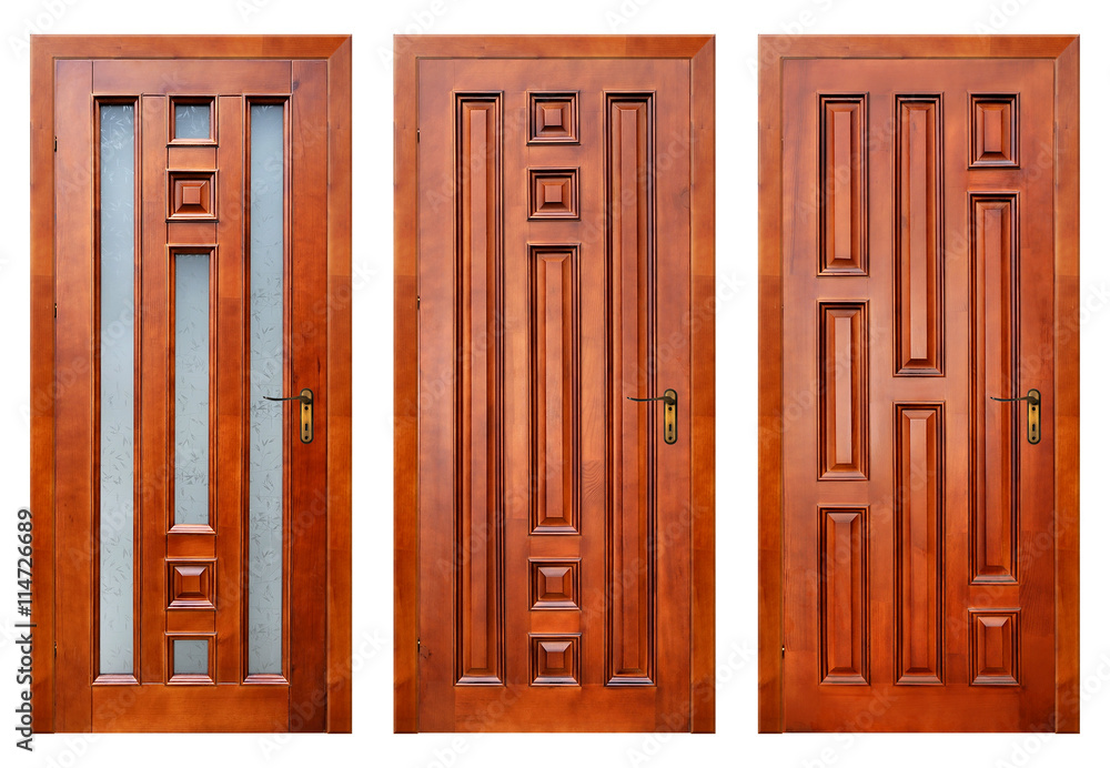 Collection of wooden entrance doors isolated on white