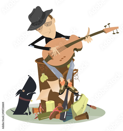 Sad blues or jazz man plays guitar. Beggar is sitting on pile of garbage and playing guitar for his dog

