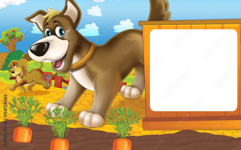 Cartoon farm scene with different animals - dogs playing near the carrot  field - illustration for children Stock Illustration | Adobe Stock