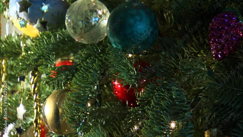 Close downward scan on Christmas tree ornaments Close downward scan on Christmas tree ornaments
