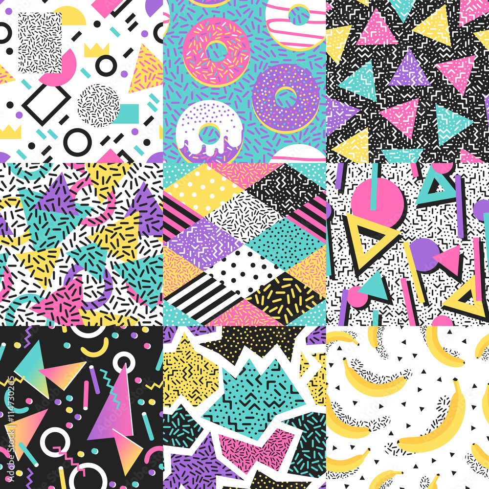 Universal different vector seamless patterns set. Endless texture abstract seamless pattern fills background surface textures. Set of colorful abstract seamless pattern geometric ornaments.