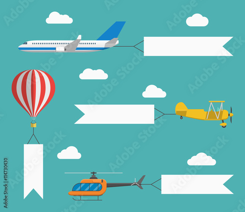 Flat vector airplane, helicopter, biplane and hot air balloon with flying advertising banners. Template for text. Concept for web banners, promotional and printed material