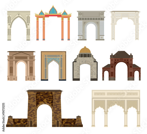 Arch vector set architecture ancient frame arch. Column entrance design arch and arch classical construction. History antique culture pillar exterior facade arch. Ornament gateway monuments