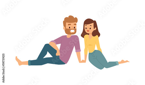 Nice looking young male flirting boy and girl on white background. Date flirting boy and cute girl. Vector character date flirting boy and girl happiness together.