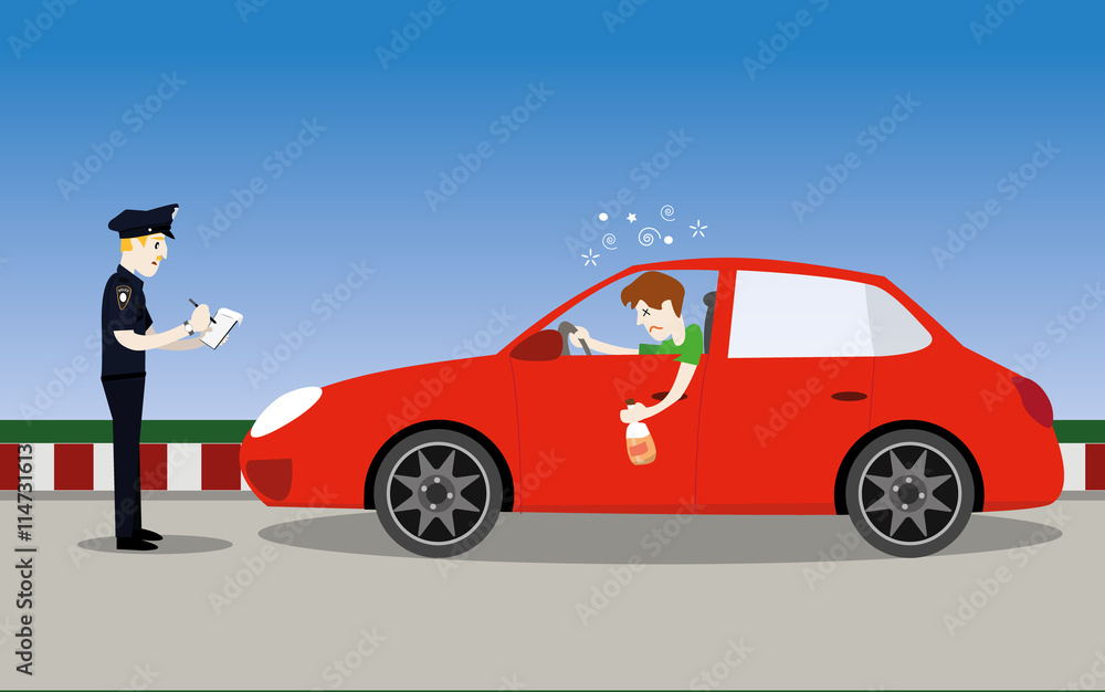 vector illustration of policeman officer arrest drunk young man driver with a bottle of alcohol in car.don't drink and drive concept