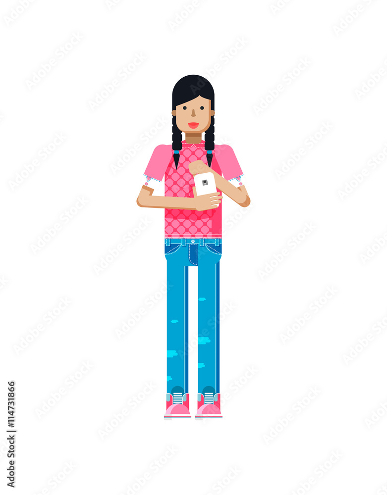 illustration isolated of European girl in pink blouse, blue jeans, dark long hair, pigtails, woman with smartphone in hand illustration isolated of European girl in pink blouse, blue jeans, dark long hair, pigtails, woman with smartphone in hand