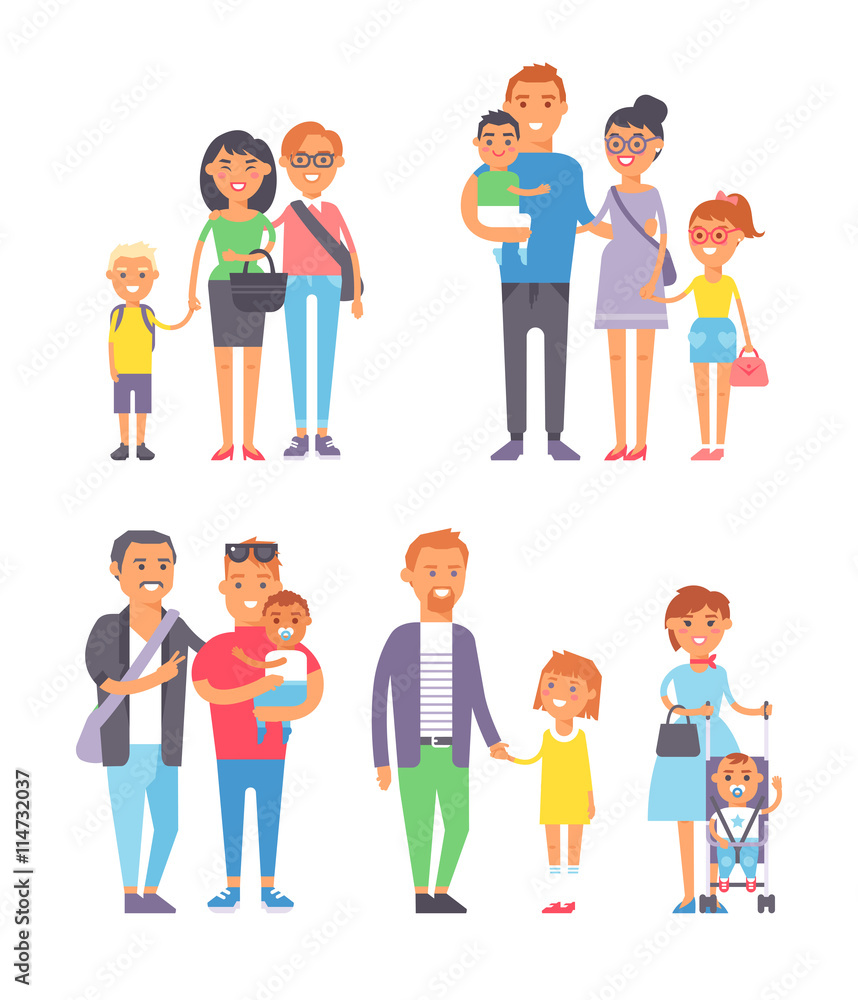 Different family, different kind of families. Different family special needs children and different family blended couple. Different family lifestyle baby husband kid and friendship parents set.