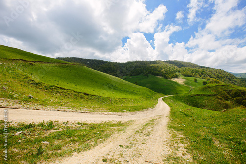 Caucasian landscape with dirt road and pine forest